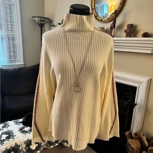 Grace Karin Cream Funnelneck Sweater with Red Whipstitch Detail
